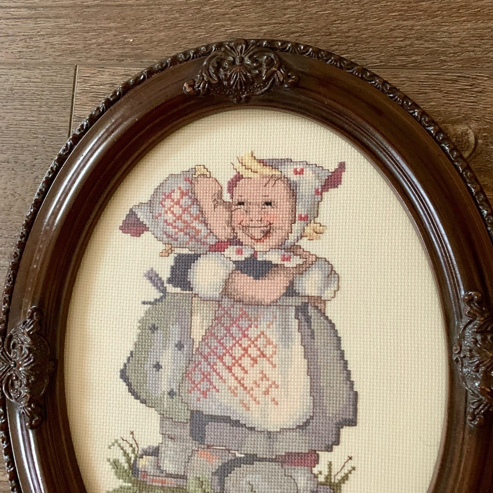 Vintage Wooden Frame Cross Stitch Hummel Picture 11/14” - Picture 11 of 13